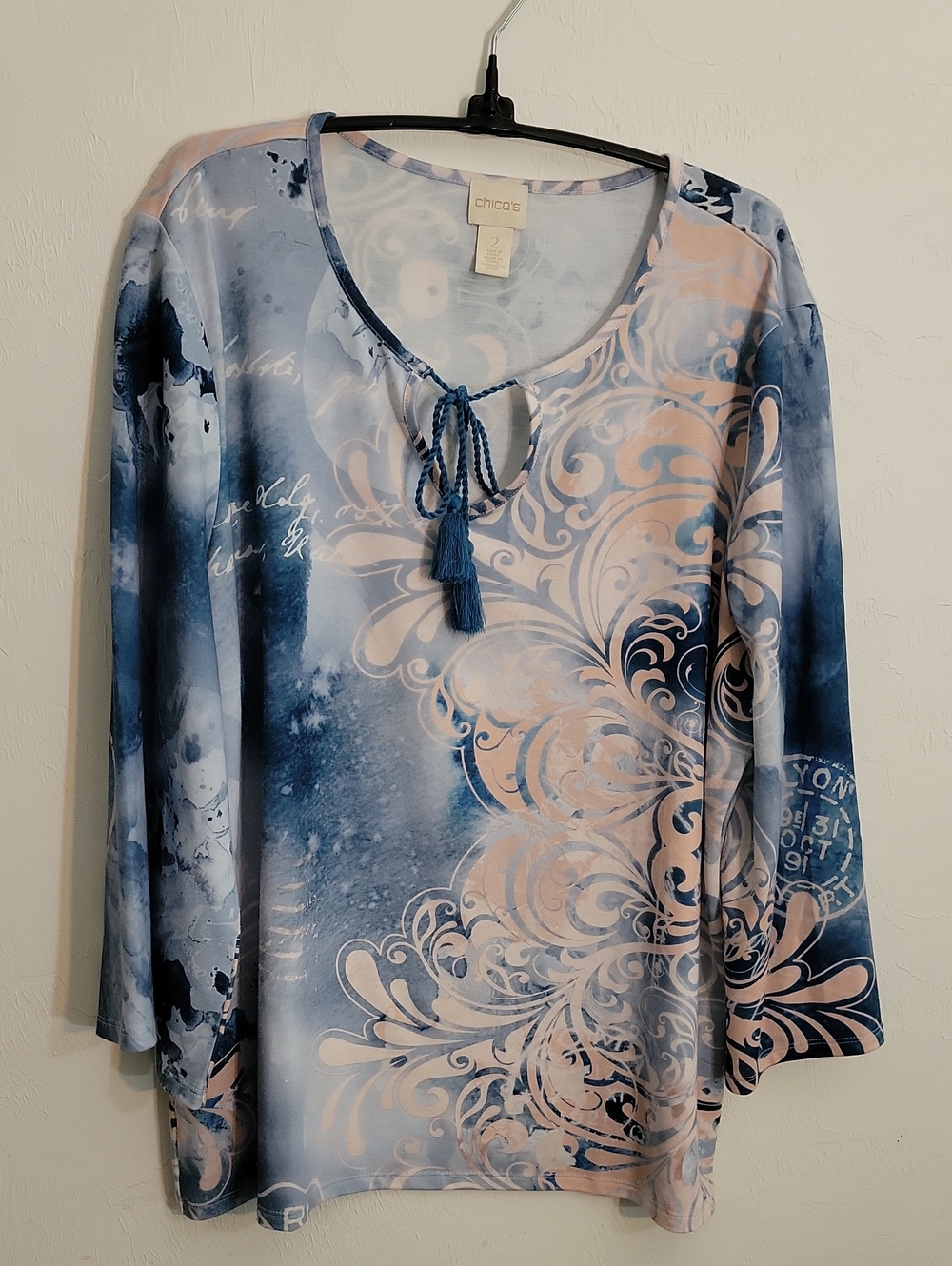 Chico's Blue & Pink Scroll Tie-Neck Long Sleeve Top